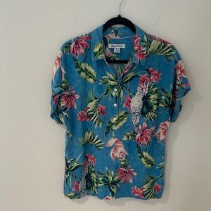 Tommy Bahama Hawaiian Blue Floral Camp Shirt with Pink and Green Accents